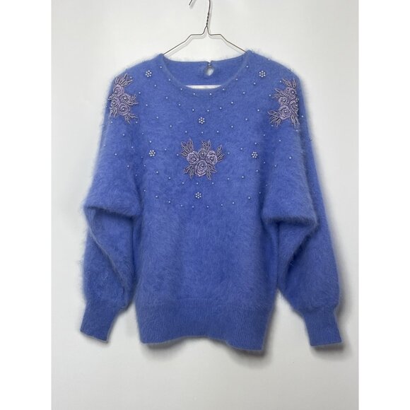 Vintage Angora Dolman Sleeve Sweater Purple Fuzzy Embellished Beaded Size Small - Picture 1 of 12